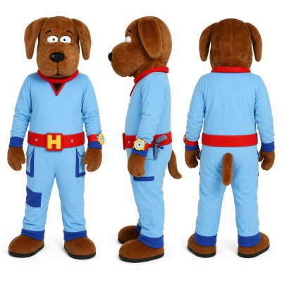 Dog Superhero Mascot Costume in Brown with Light Blue Suit Adult