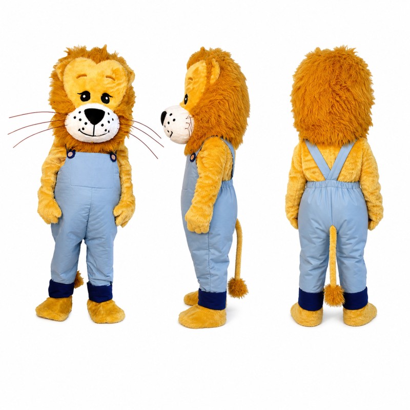 Lion Mascot Costume in Golden Brown with Denim Overalls Adult