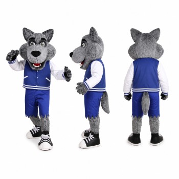 Wolf Athlete Mascot Costume in Gray with Navy Uniform Adult