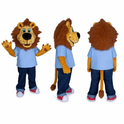 Lion Mascot Costume in Brown with Light Blue Shirt Adult
