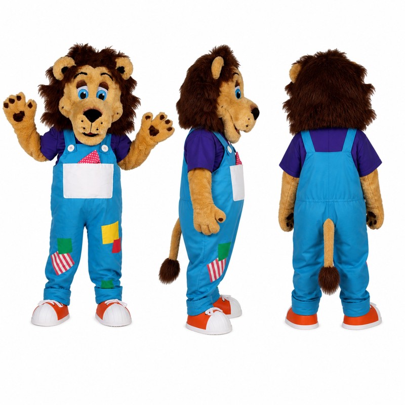 Lion Mascot Costume in Brown with Blue Patchwork Overalls Adult