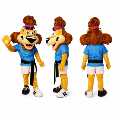 Soccer Player Lion Mascot Costume in Brown and Blue Adult