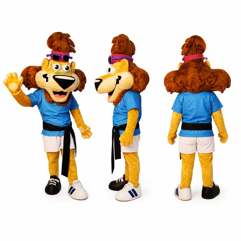 Soccer Player Lion Mascot Costume in Brown and Blue Adult