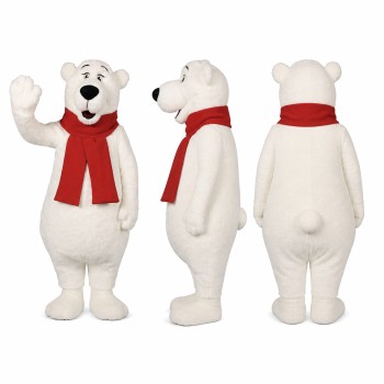 Polar Bear Mascot Costume in White with Red Scarf Adult