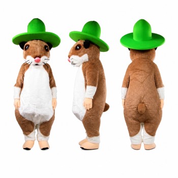 Mouse Mascot Costume in Brown with Green Hat Adult