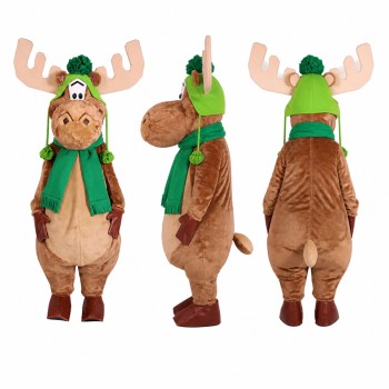 Moose Mascot Costume in Brown with Green Winter Scarf Adult