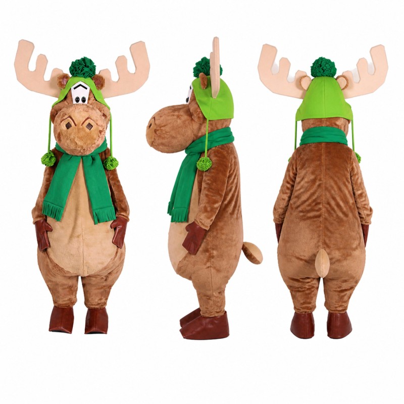 Moose Mascot Costume in Brown with Green Winter Scarf Adult