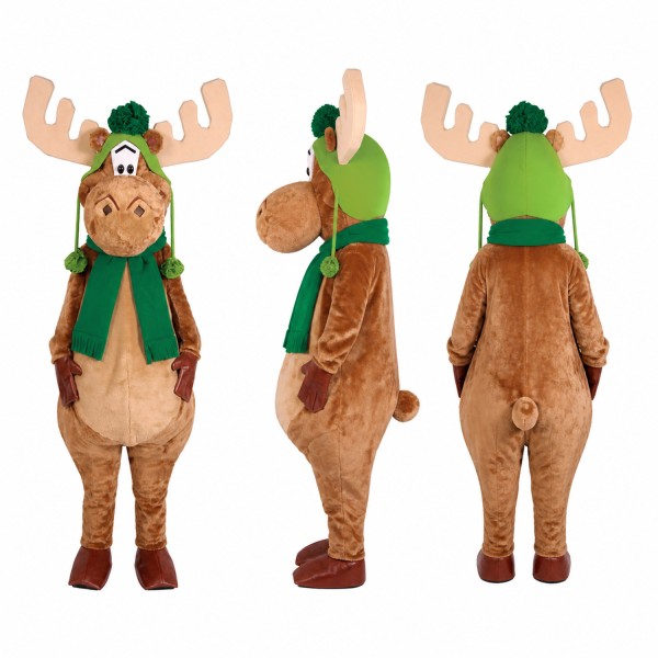 Moose Mascot Costume in Brown with Green Winter Scarf Adult