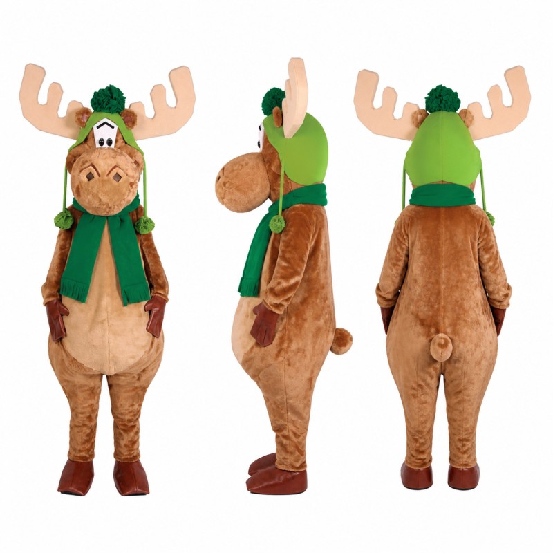 Moose Mascot Costume in Brown with Green Winter Scarf Adult