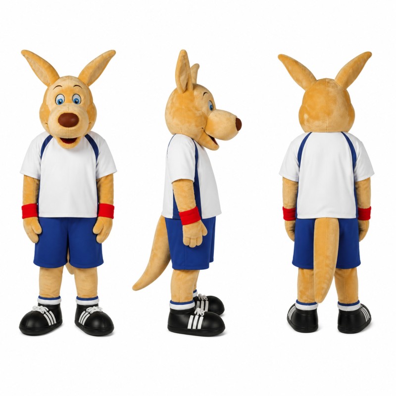Kangaroo Athlete Mascot Costume in Tan with White Shirt Adult