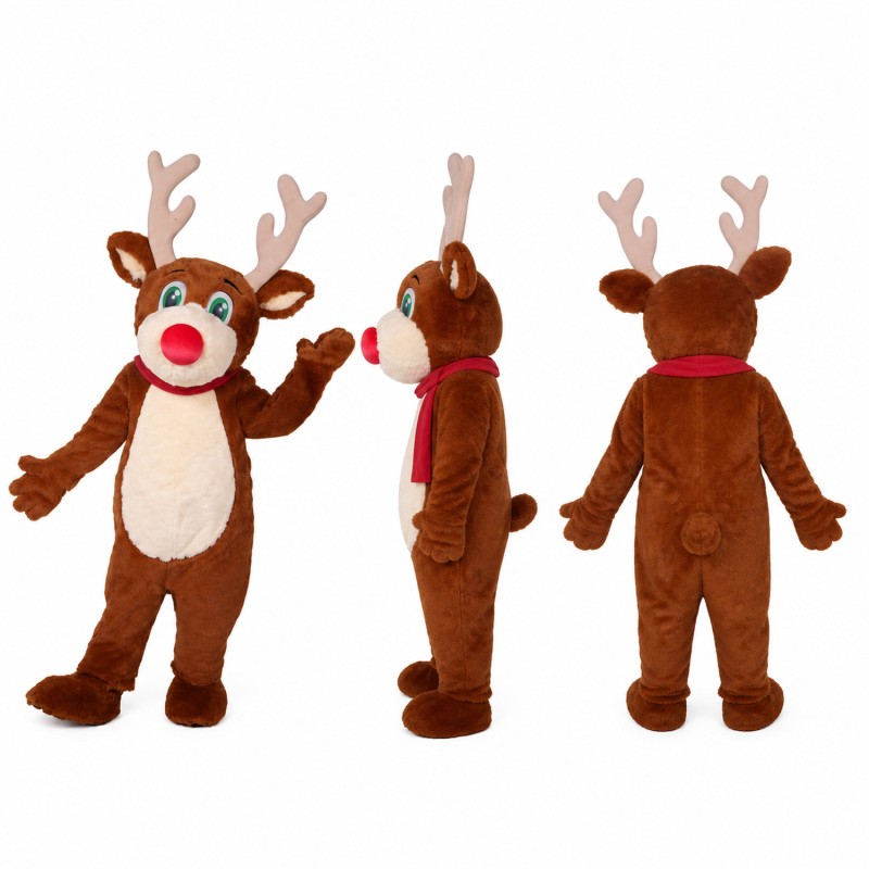 Reindeer Mascot Costume in Brown with Red Nose Adult