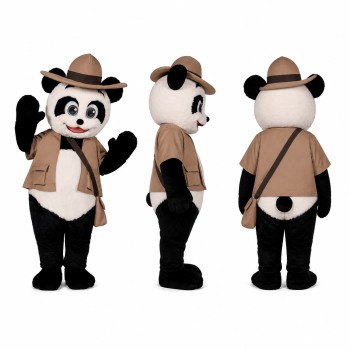 Panda Explorer Mascot Costume in Black and White with Tan Hat Adult
