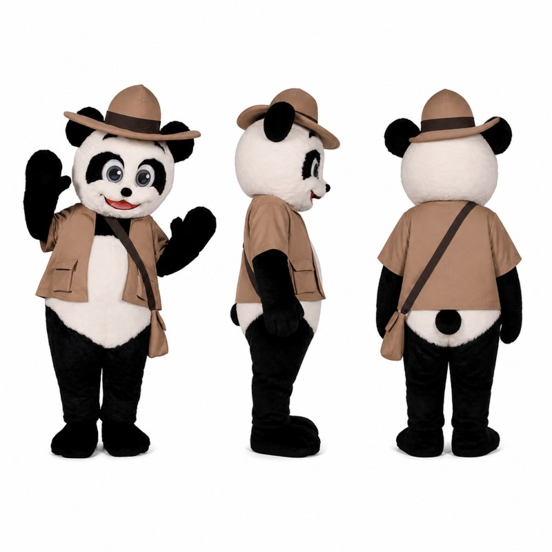 Panda Explorer Mascot Costume in Black and White with Tan Hat Adult