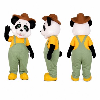 Panda Farmer Mascot Costume in Black and White with Green Overalls Adult