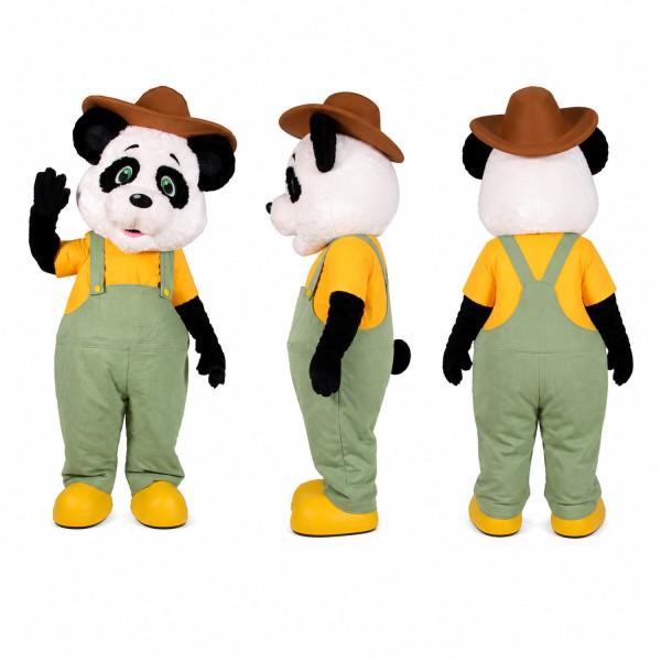 Panda Farmer Mascot Costume in Black and White with Green Overalls Adult