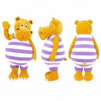 Hippo Mascot Costume in Yellow with Purple Striped Shirt Adult