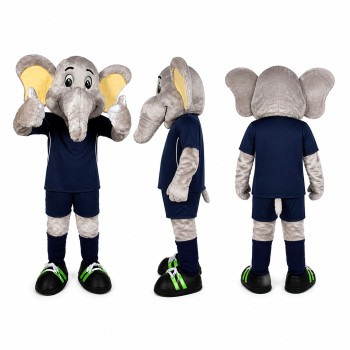 Elephant Athlete Mascot Costume in Gray with Navy Uniform Adult