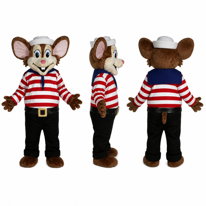 Sailor Mouse Mascot Costume in Brown with Red Striped Shirt Adult