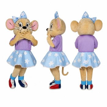 Female Mouse Mascot Costume in Tan with Blue Star Dress Adult