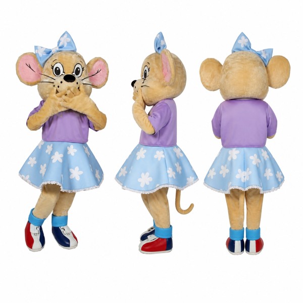 Female Mouse Mascot Costume in Tan with Blue Star Dress Adult