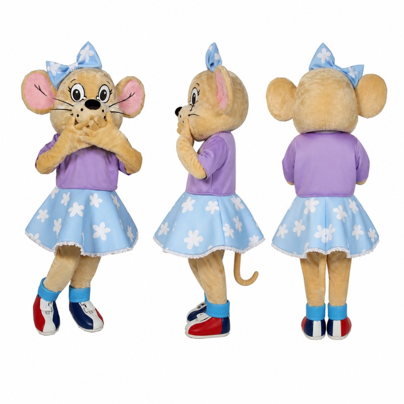 Female Mouse Mascot Costume in Tan with Blue Star Dress Adult