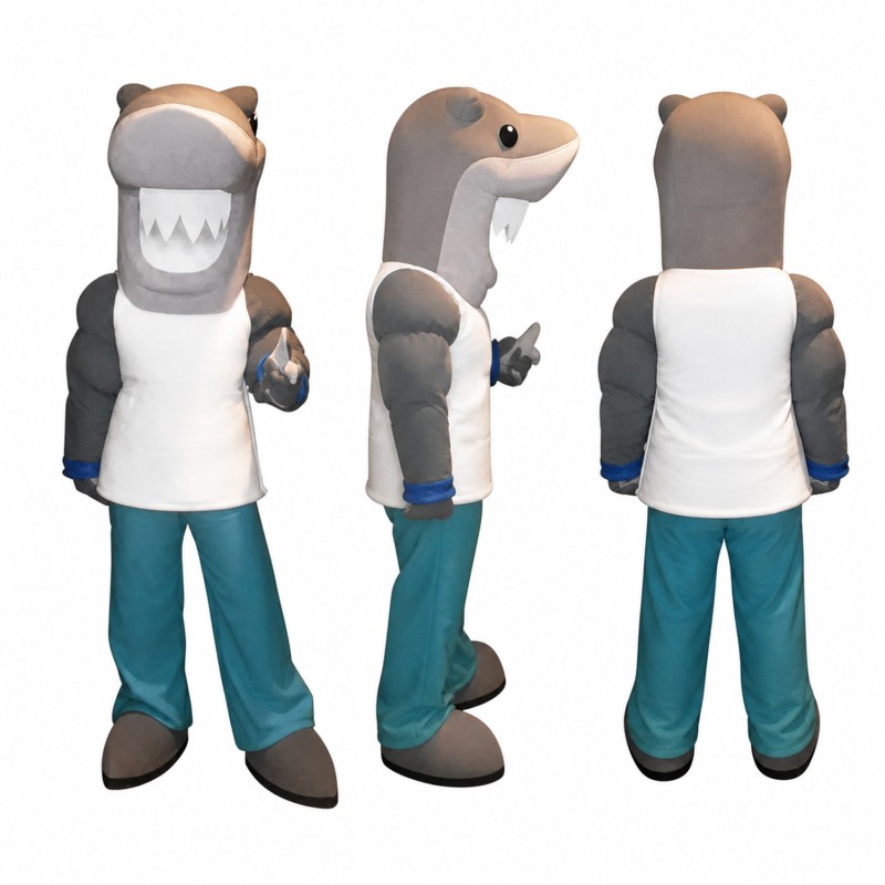 Shark Mascot Costume in Gray with Teal Pants Adult