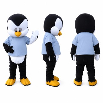 Penguin Mascot Costume in Black and White with Light Blue Shirt Adult