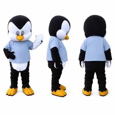 Penguin Mascot Costume in Black and White with Light Blue Shirt Adult
