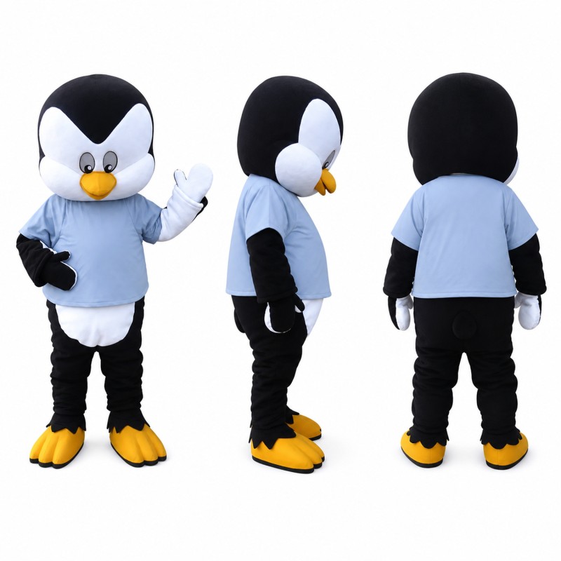 Penguin Mascot Costume in Black and White with Light Blue Shirt Adult