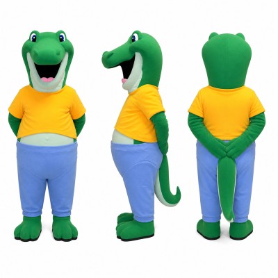Crocodile Mascot Costume in Green with Yellow Shirt Adult