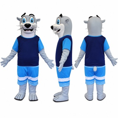 Otter Mascot Costume in Gray with Navy Uniform Adult