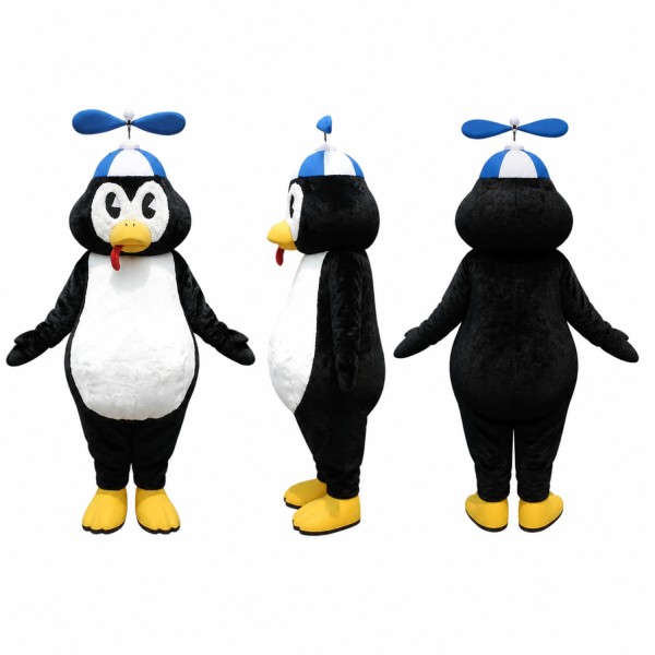 Penguin Mascot Costume in Black and White with Propeller Hat Adult