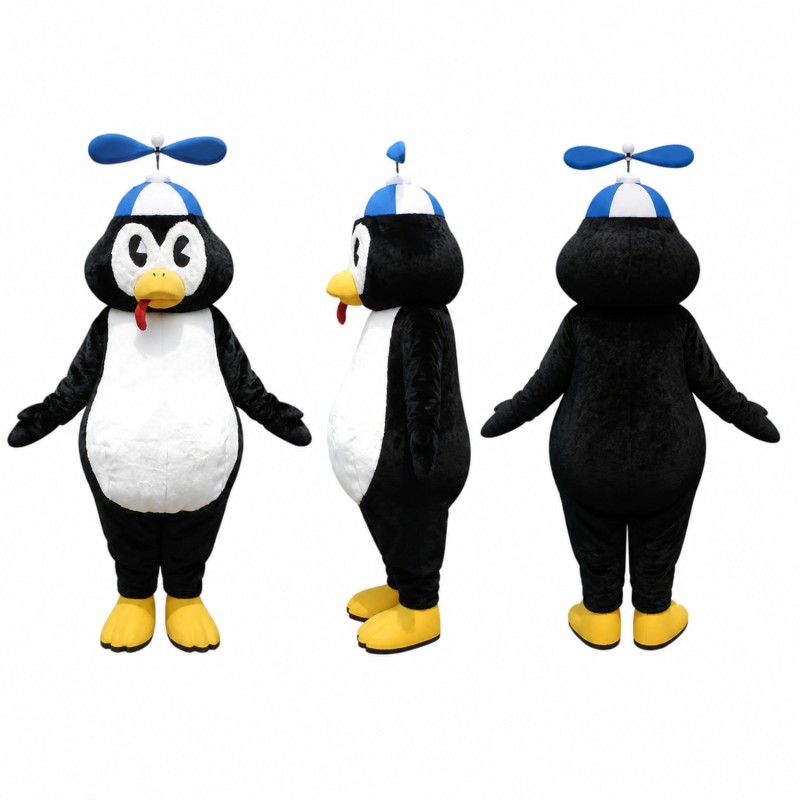 Penguin Mascot Costume in Black and White with Propeller Hat Adult