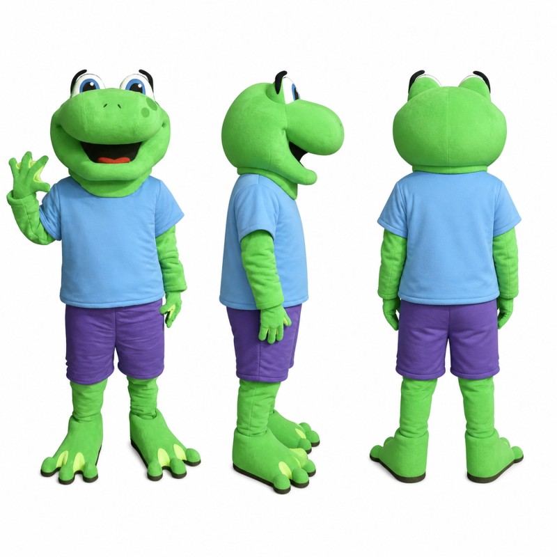 Frog Mascot Costume in Green with Blue Shirt Adult