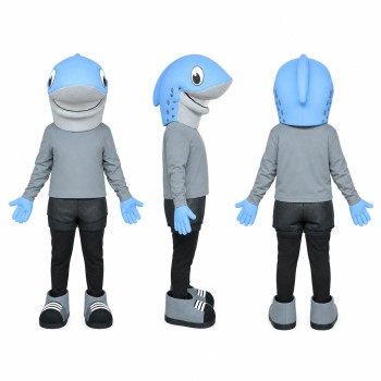 Shark Mascot Costume in Gray with Light Blue Cap Adult