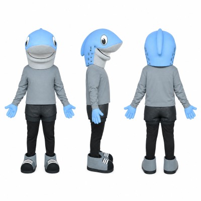 Shark Mascot Costume in Gray with Light Blue Cap Adult