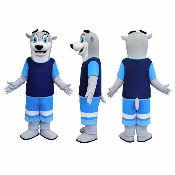 Shark Athlete Mascot Costume in Gray with Navy Shirt Adult