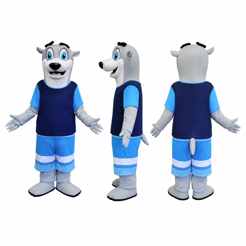 Shark Athlete Mascot Costume in Gray with Navy Shirt Adult