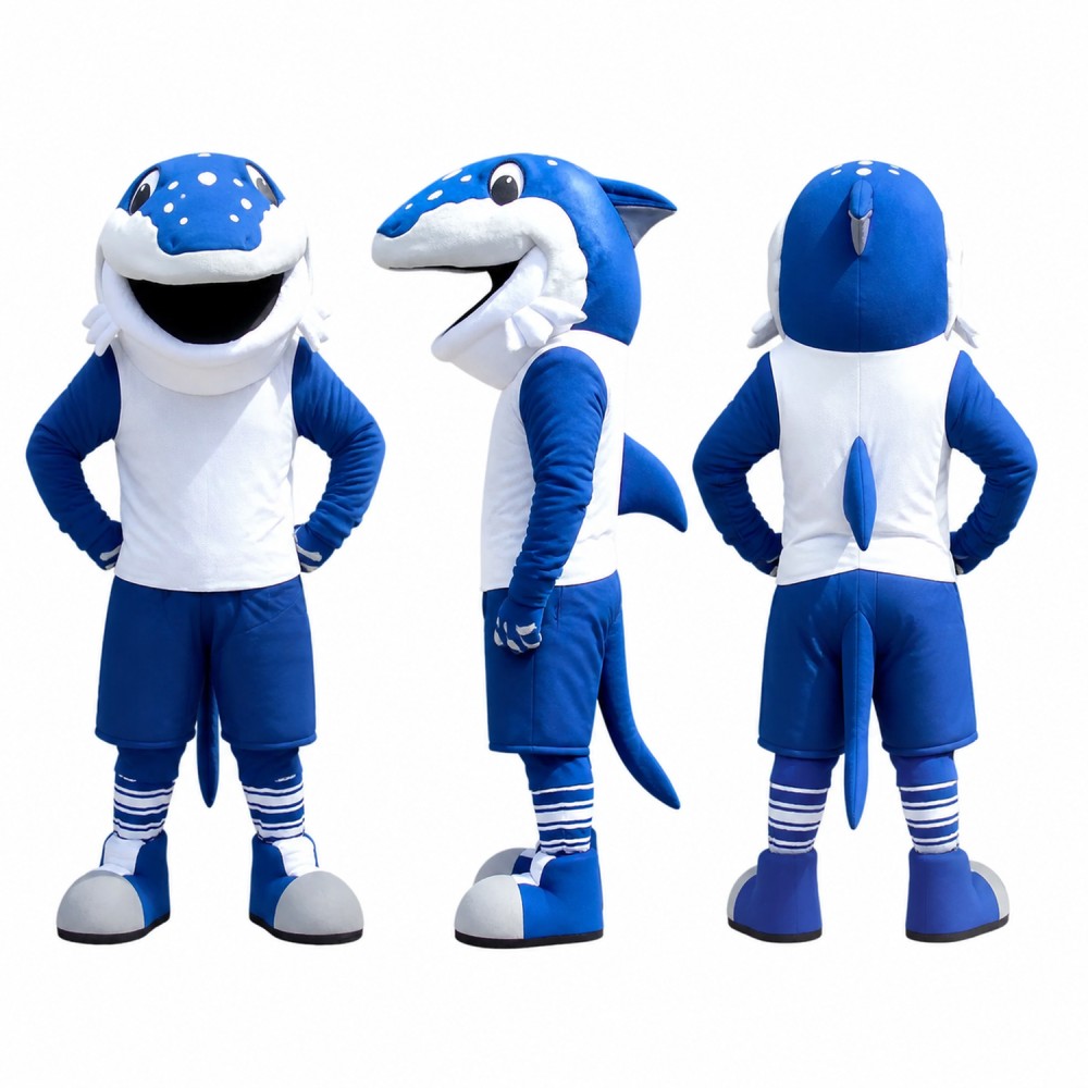 Shark Athlete Mascot Costume in Blue and White Adult Shark Athlete Mascot Costume in Blue and White Adult