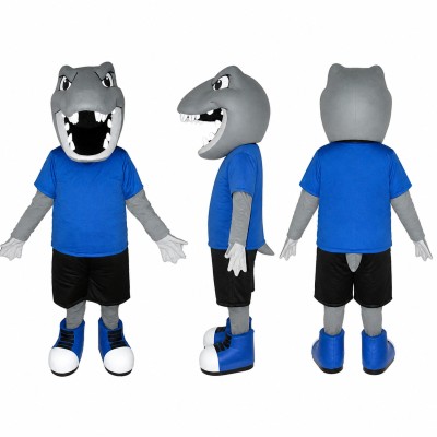Shark Athlete Mascot Costume in Gray with Blue Shirt Adult