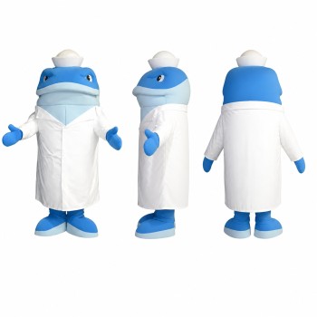 Dolphin Doctor Mascot Costume in Blue with White Lab Coat Adult