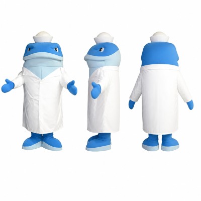 Dolphin Doctor Mascot Costume in Blue with White Lab Coat Adult