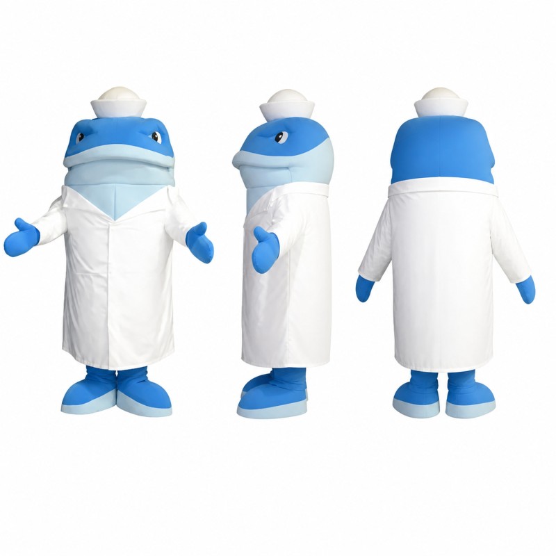 Dolphin Doctor Mascot Costume in Blue with White Lab Coat Adult