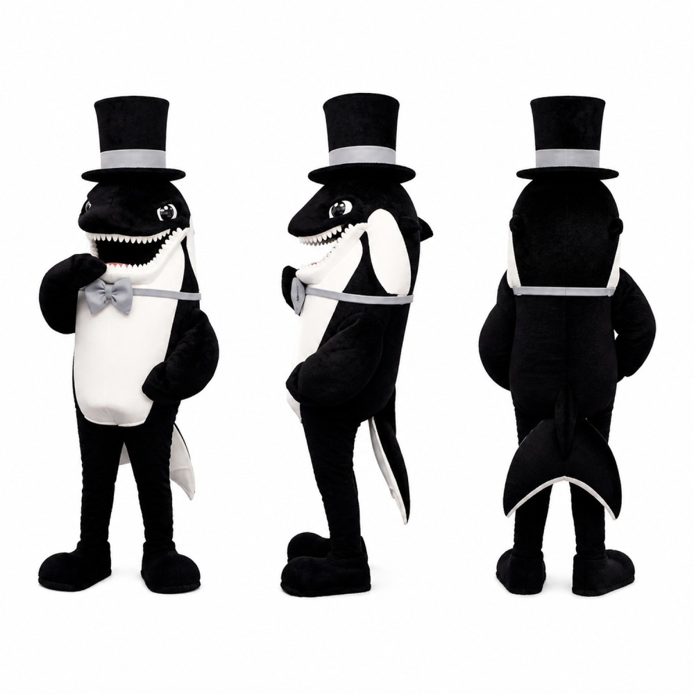 Orcinus Orca Whale Gentleman Mascot Costume in Black with Top Hat Adult Orcinus Orca Whale Gentleman Mascot Costume in Black with Top Hat Adult