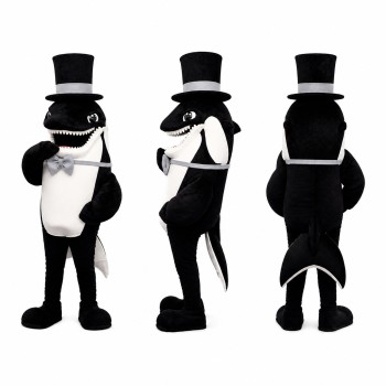 Orcinus Orca Whale Gentleman Mascot Costume in Black with Top Hat Adult