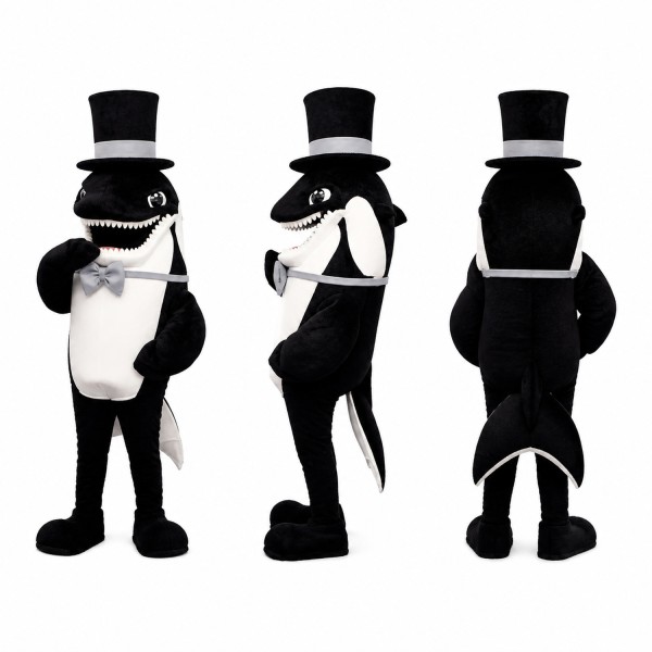 Orcinus Orca Whale Gentleman Mascot Costume in Black with Top Hat Adult