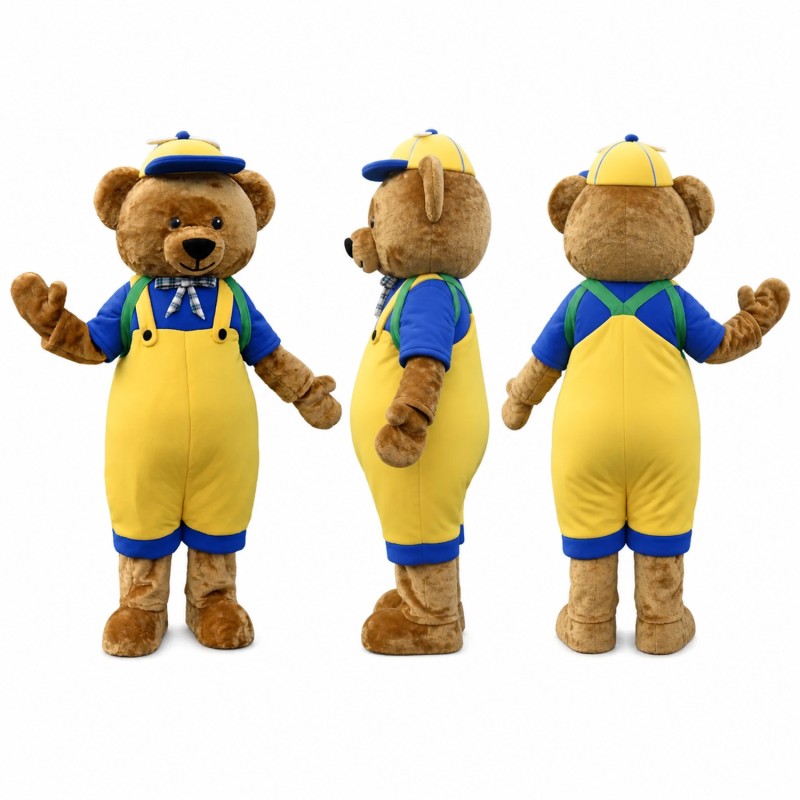 Bear Mascot Costume in Brown with Yellow Overalls Adult