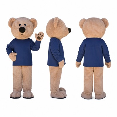 Bear Mascot Costume in Tan with Navy Shirt Adult