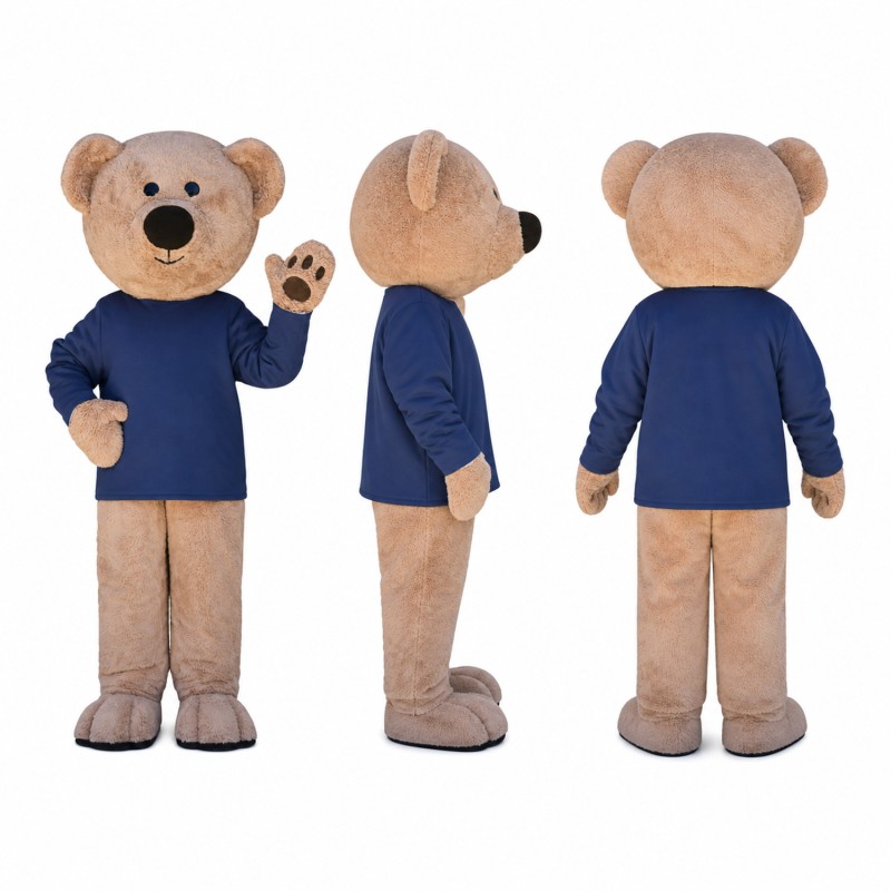 Bear Mascot Costume in Tan with Navy Shirt Adult