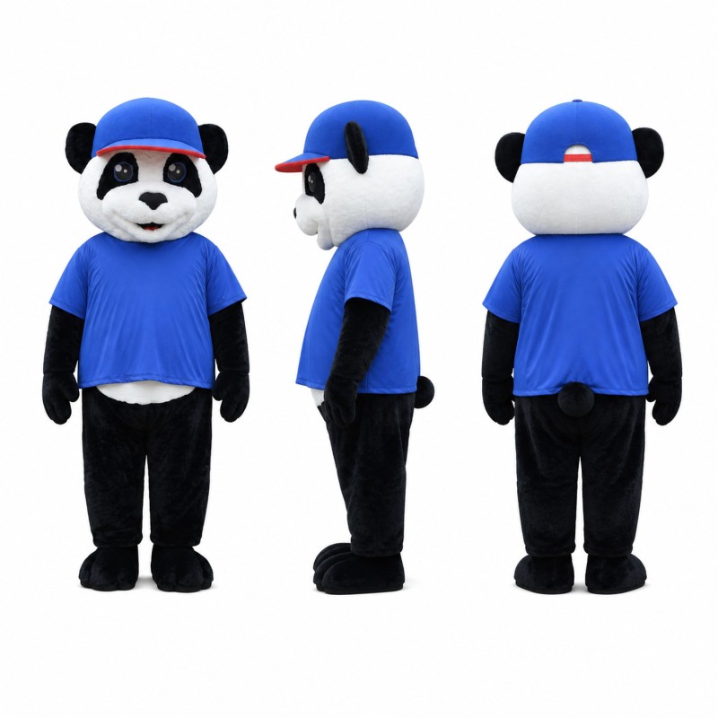 Panda Mascot Costume in Black and White with Blue Shirt Adult